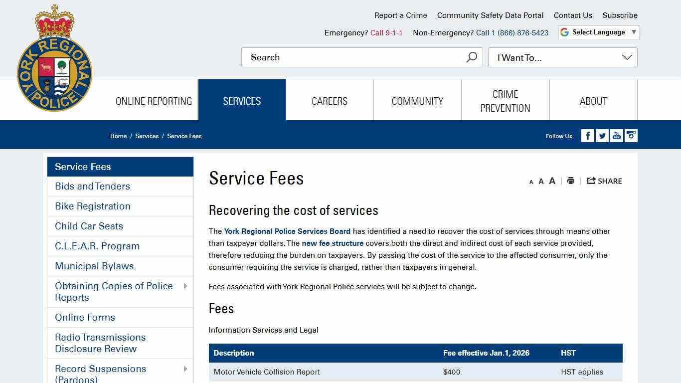 Service Fees - York Regional Police